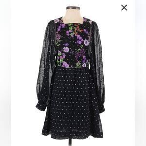 Vera Mont Paris black, gold and purple a line floral and chiffon dress, 40 Small